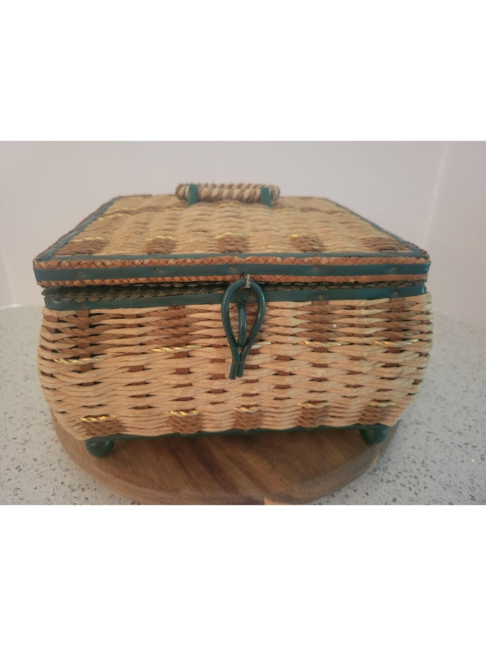 Vintage Dritz Brown Wood Wicker Musical Sewing Basket Green Lining